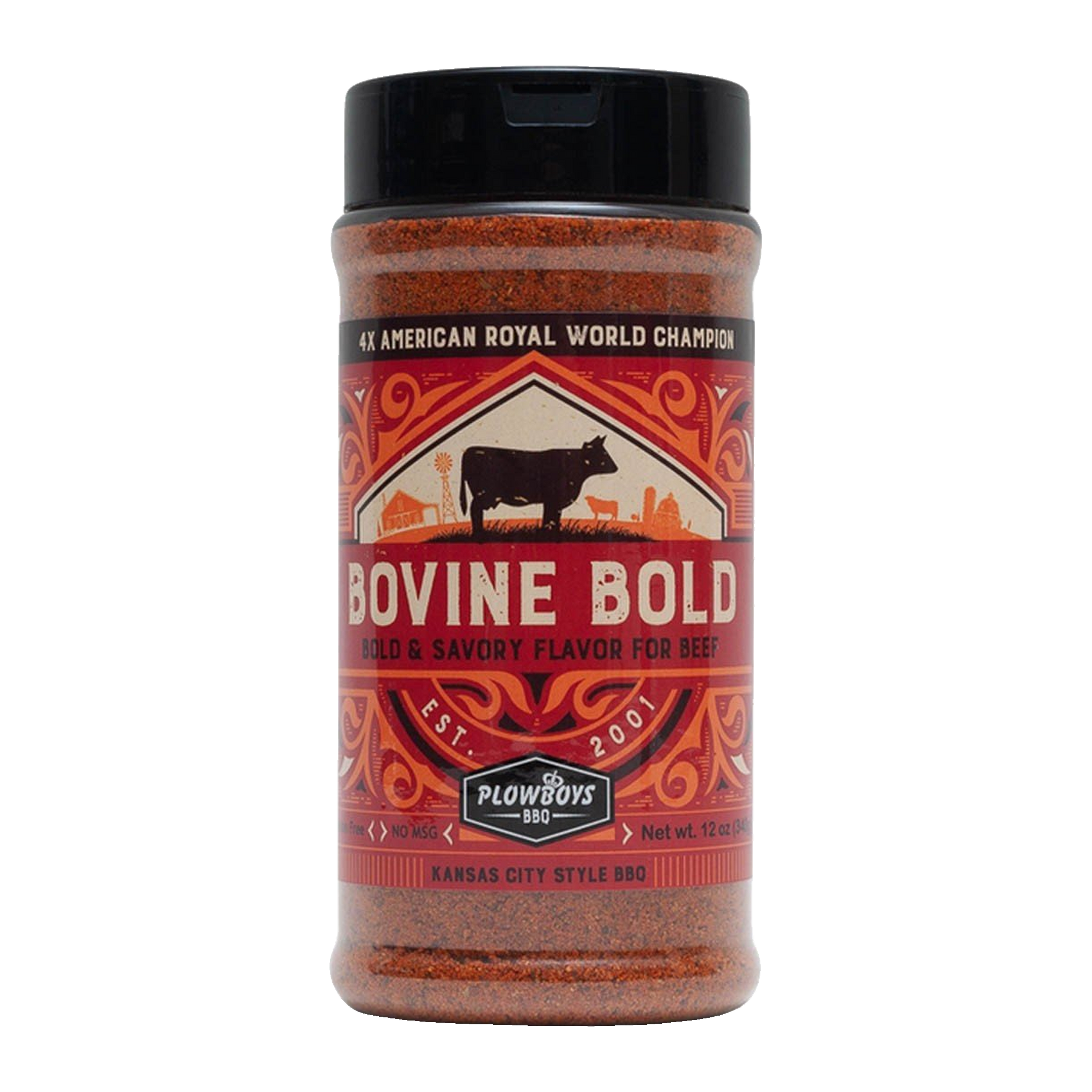 Plowboys BBQ Bovine Bold Rub 340g — front of shaker on transparent background