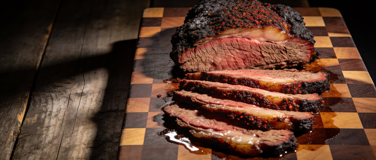 Plowboys BBQ Bovine Bold Rub with sliced smoked brisket on a butcher block