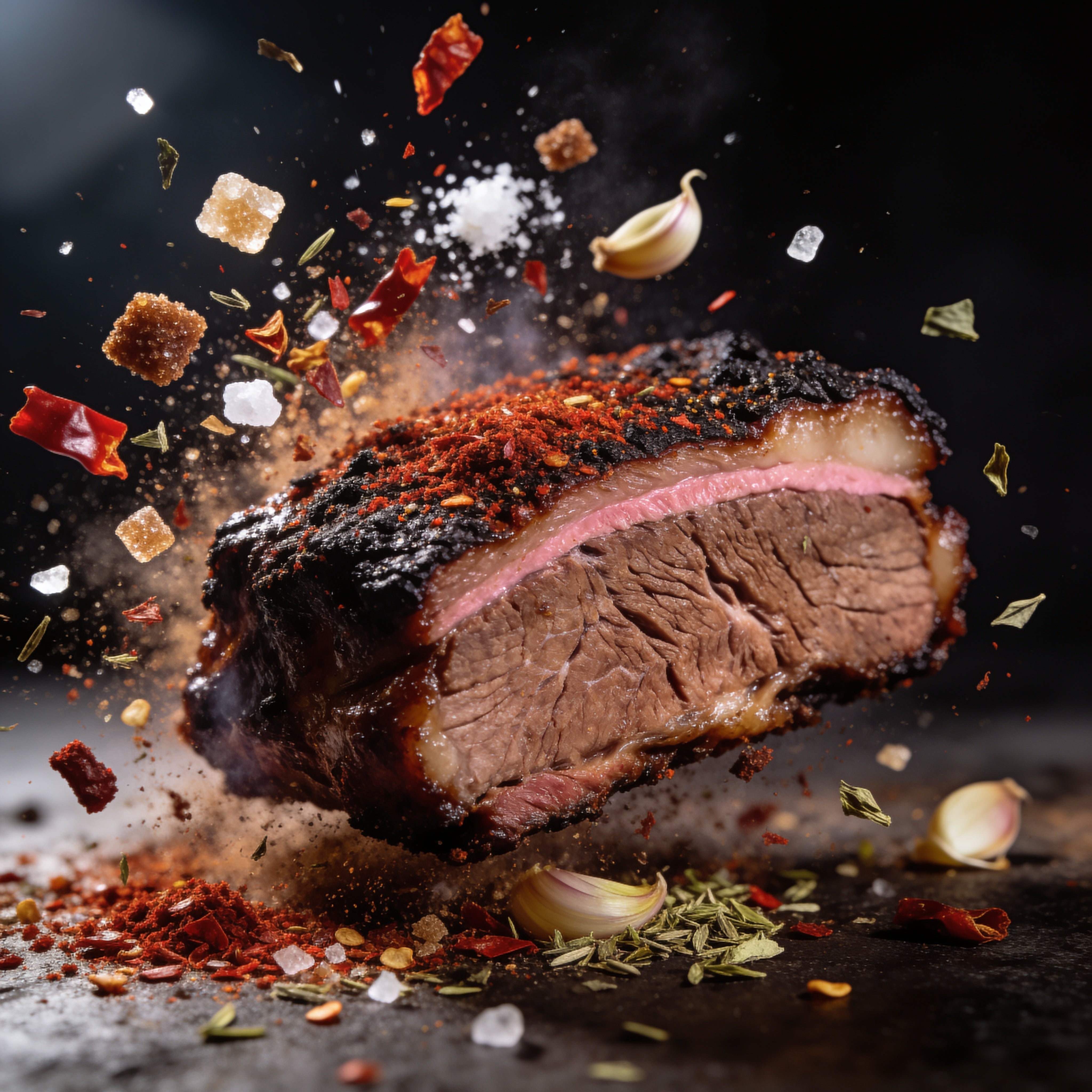 Plowboys Bovine Bold Rub ingredients exploding around a slice of smoked brisket with bark and smoke ring