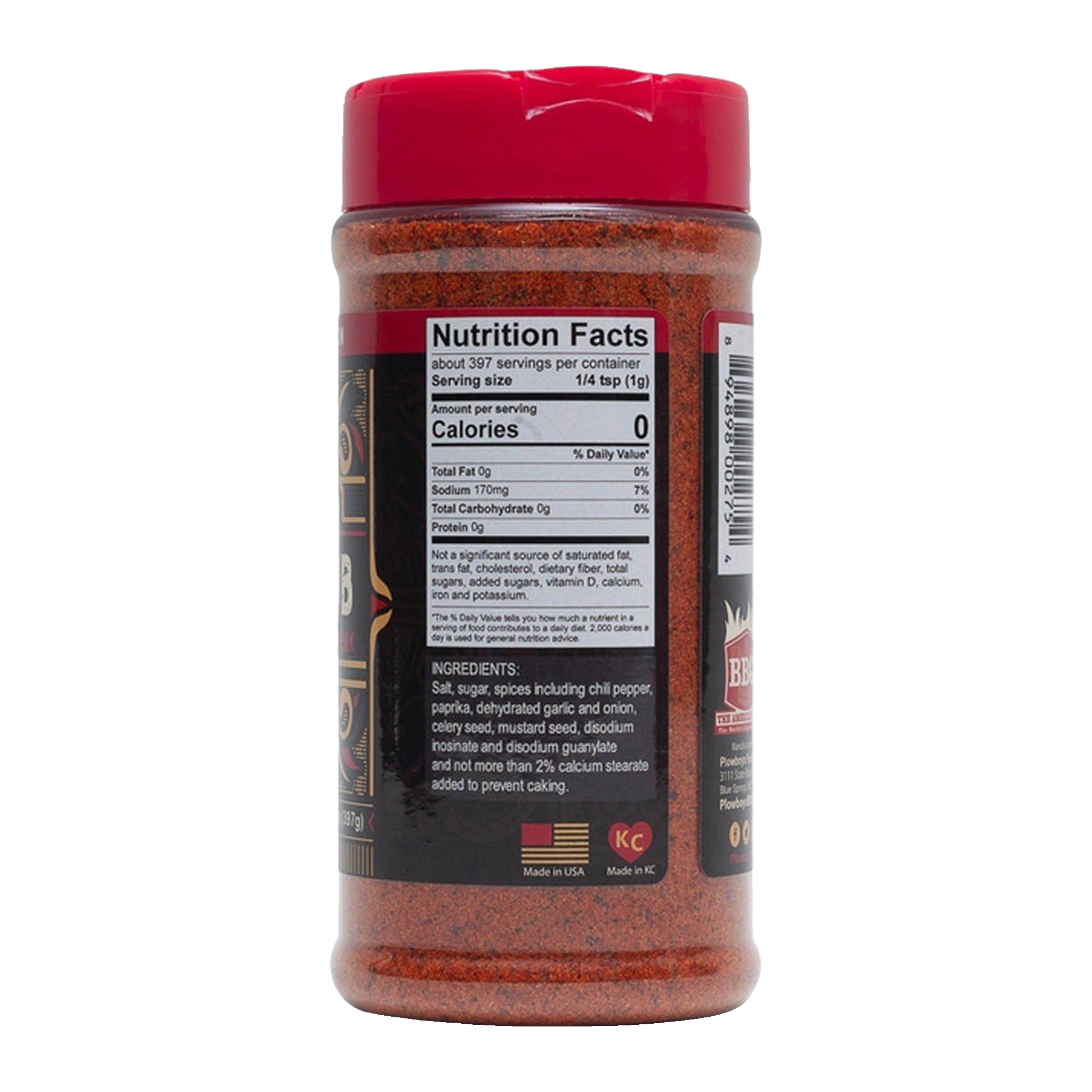 Plowboys BBQ Yardbird Rub 397g — side of shaker showing ingredients and nutrition panel