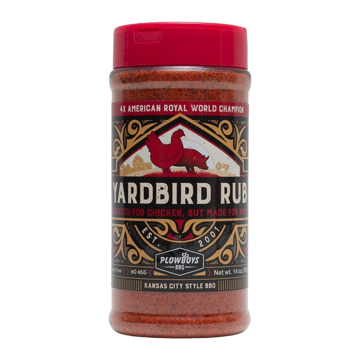 Plowboys BBQ Yardbird Rub 397g — front of shaker on transparent background