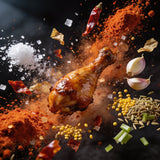Plowboys Yardbird Rub ingredients exploding around a smoked chicken drumstick — paprika, chilli, garlic, mustard seed