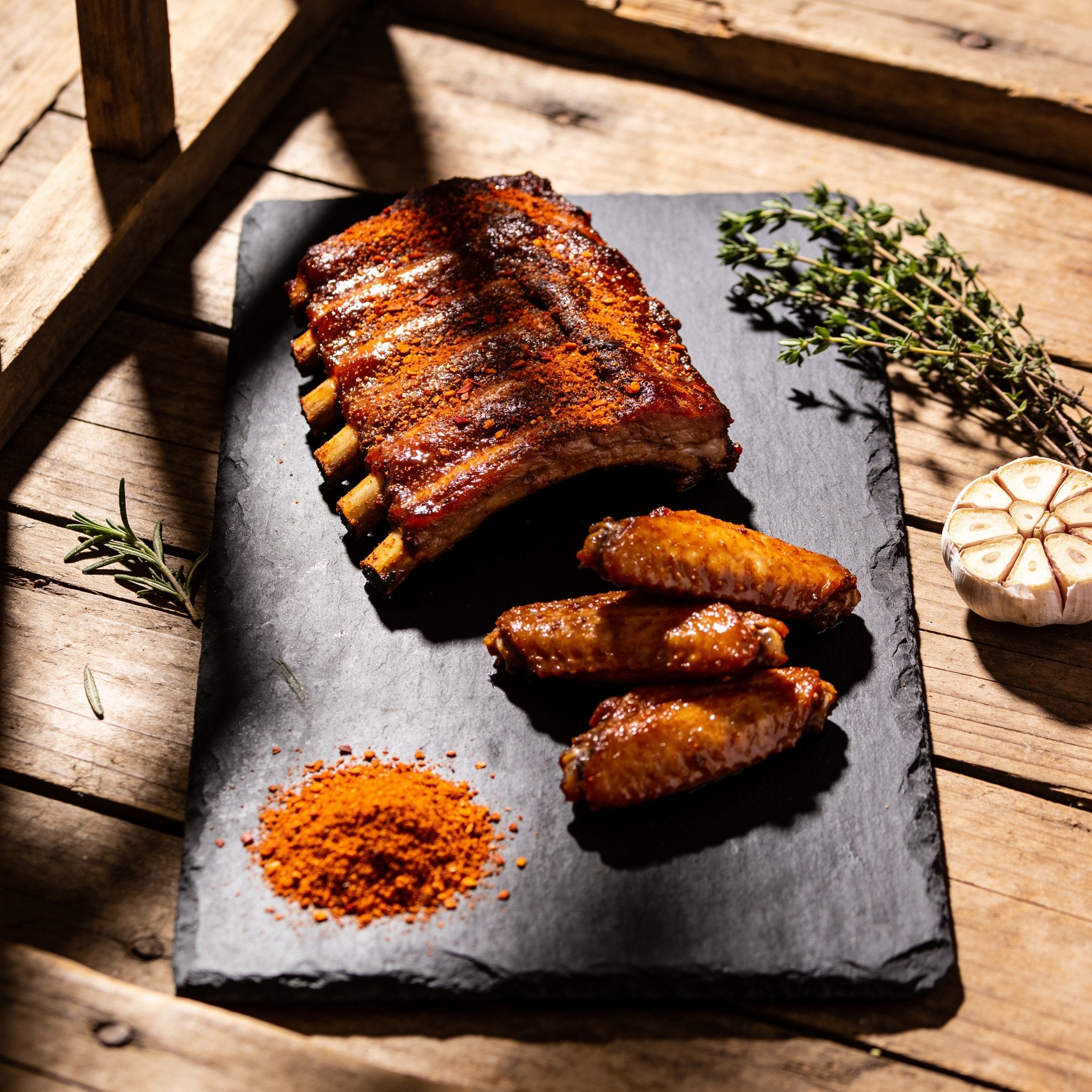 Plowboys Yardbird Rub on smoked pork ribs and chicken wings — beauty shot on slate