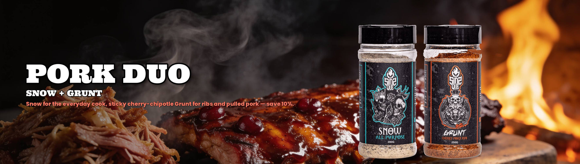 SinsQue Pork Duo Bundle — pulled pork and cherry-glazed ribs with Snow and Grunt rub shakers