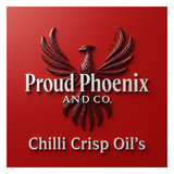 Proud Phoenix & Co brand logo, maroon phoenix crest with silver script, on red background