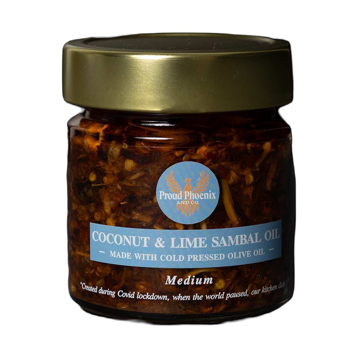 Proud Phoenix & Co Coconut & Lime Sambal Chilli Oil — front of jar on a transparent background