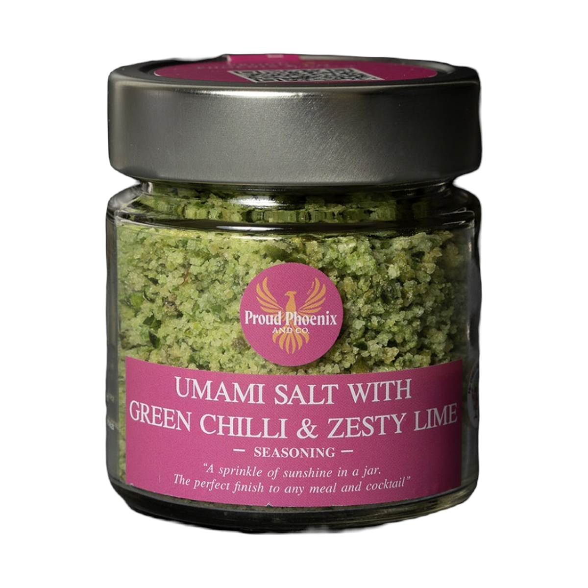Proud Phoenix & Co Umami Salt with Green Chilli & Zesty Lime 150g — front of jar on a transparent background