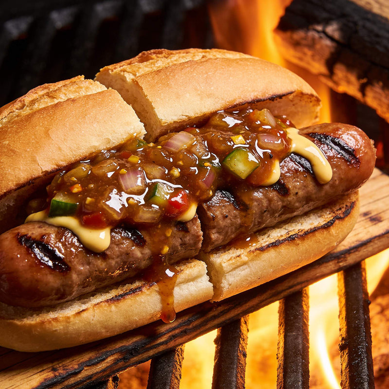 Grilled hot dog topped with glossy chunky relish — Relish flavour on The Rub Hub lifestyle photo