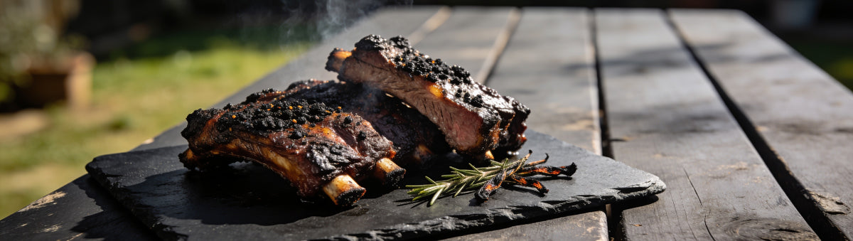 Republic Black Out beef and steak BBQ rub with a backyard BBQ platter of ribs and steak