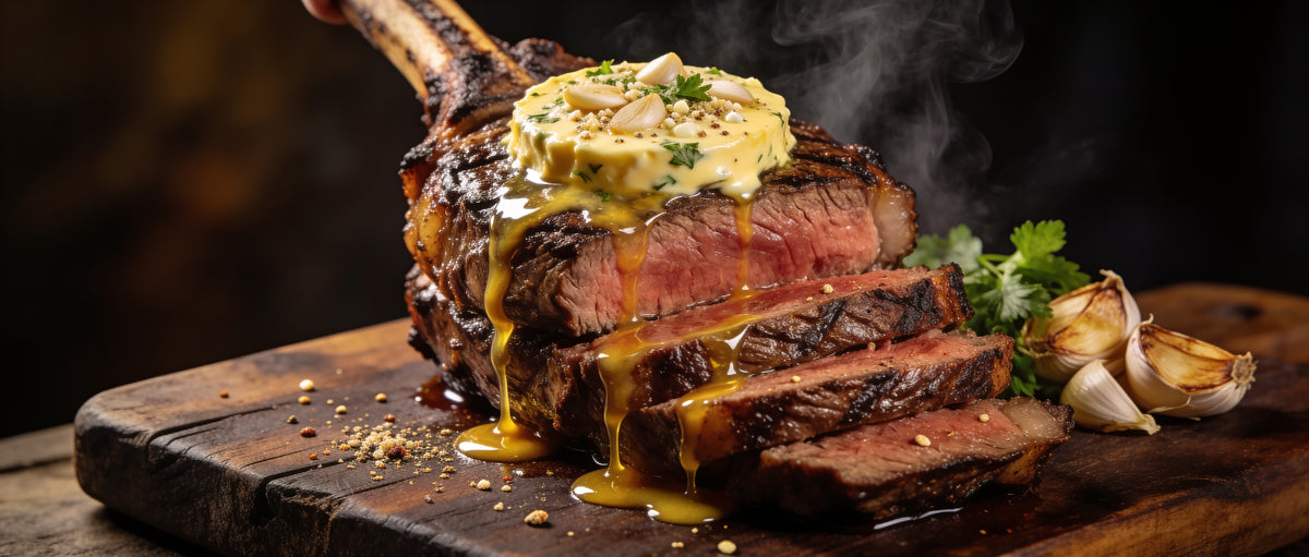 Republic Garlic Butter rub loaded into melting butter on a sliced ribeye