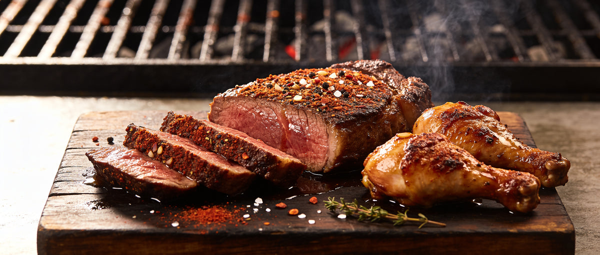Republic The General all-purpose rub crusted on sliced rump steak and grilled chicken