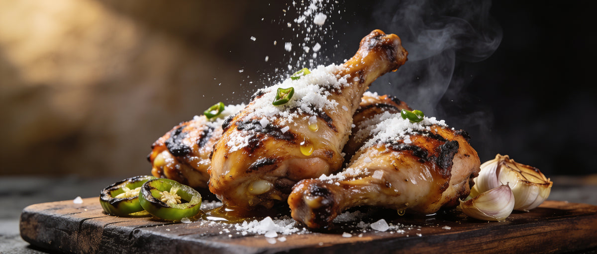 Republic Jalapeno Garlic rub sprinkled over grilled chicken drumsticks