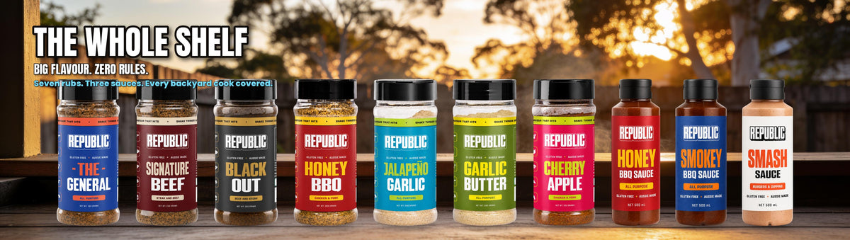 Republic Australia — Meet the Range: The General, Signature Beef, Black Out, Honey BBQ, Jalapeno Garlic, Garlic Butter and Cherry Apple rubs, plus Honey BBQ, Smokey BBQ and Smash sauces, lined up together