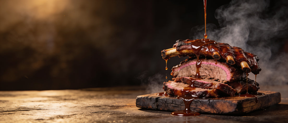 Republic Smokey BBQ Sauce dripping over sticky pork ribs and smoked brisket