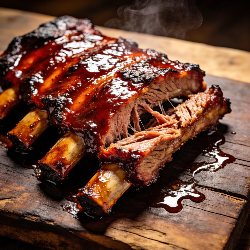 Fall-Off-The-Bone glazed pork ribs pulled apart on a rustic timber board lifestyle photo