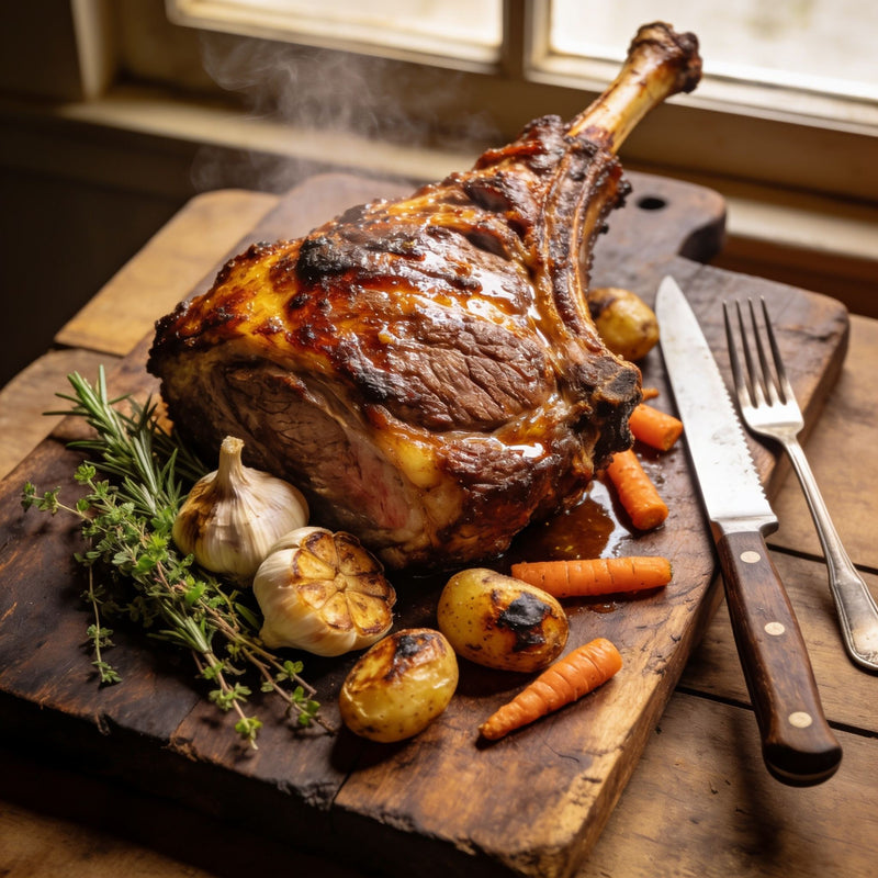 Roasted leg of lamb with rosemary, garlic and roast vegetables lifestyle photo