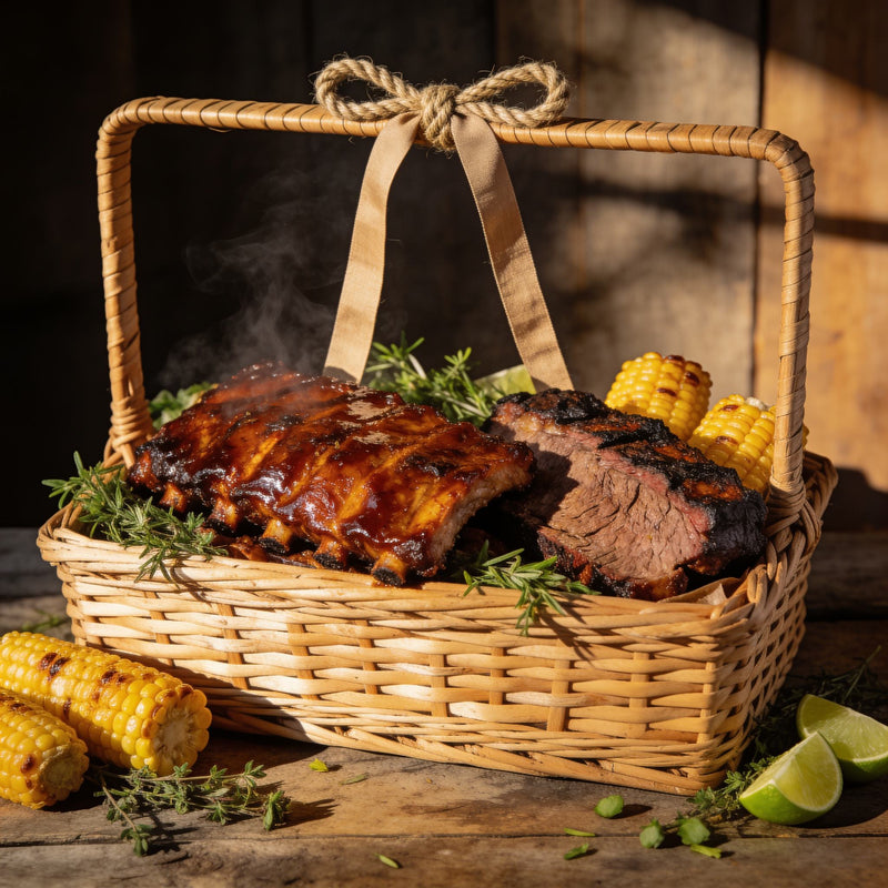 Barbecue hamper basket filled with glazed ribs, smoked brisket and grilled corn, ribbon-tied handle lifestyle photo