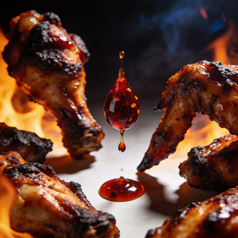 Extra hot Carolina Reaper sauce drop onto a charred wing lifestyle photo