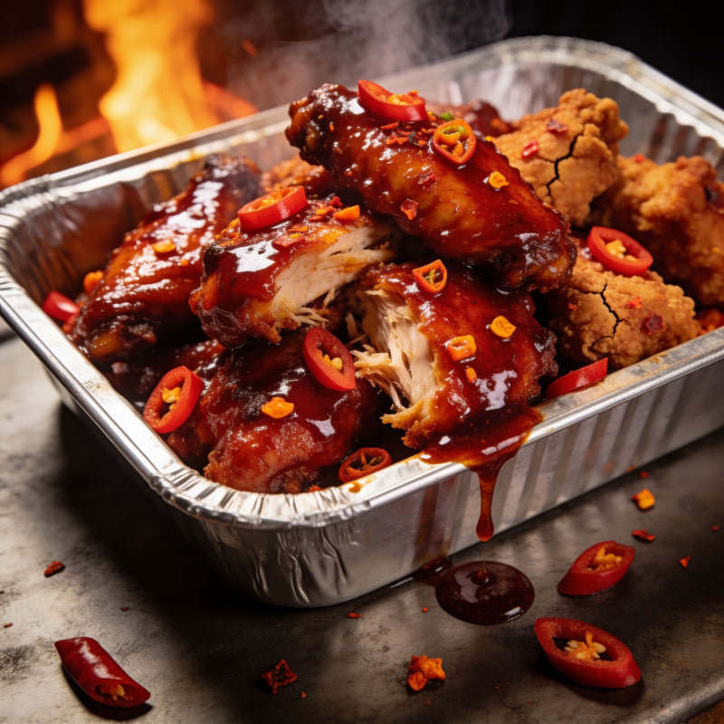 Hot habanero glazed wings tray, genuine chilli heat lifestyle photo