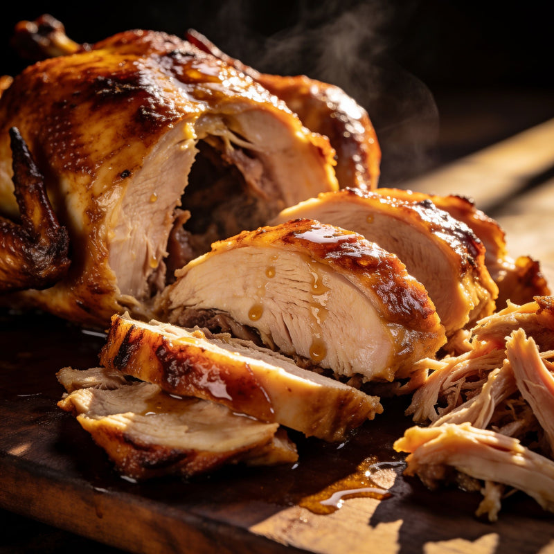 Sliced smoked chicken showing moist juicy interior from brining lifestyle photo