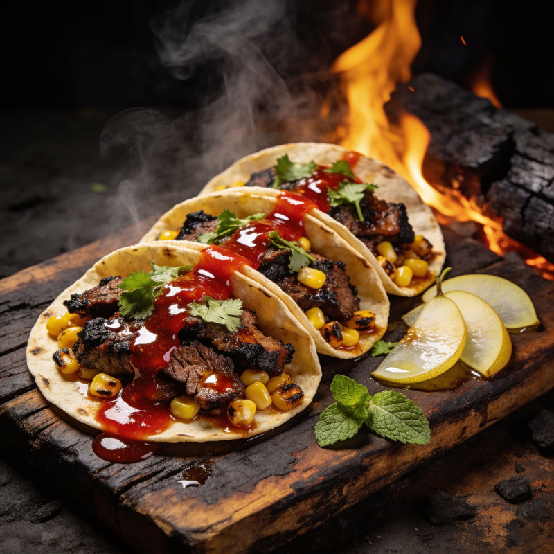 Reaper tacos with hot sauce, fresh pear and mint lifestyle photo