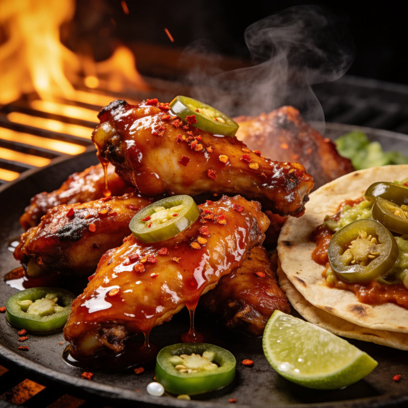 Medium heat glazed wings and jalapeno taco plate lifestyle photo