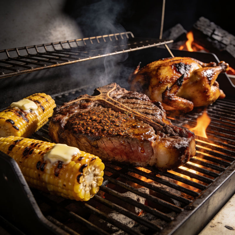 Mild heat backyard barbecue plate - steak, corn and roast chicken, no chilli lifestyle photo