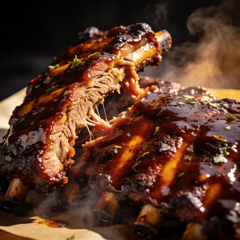 Sweet & Smoky BBQ ribs with sticky glaze and smoke ring lifestyle photo