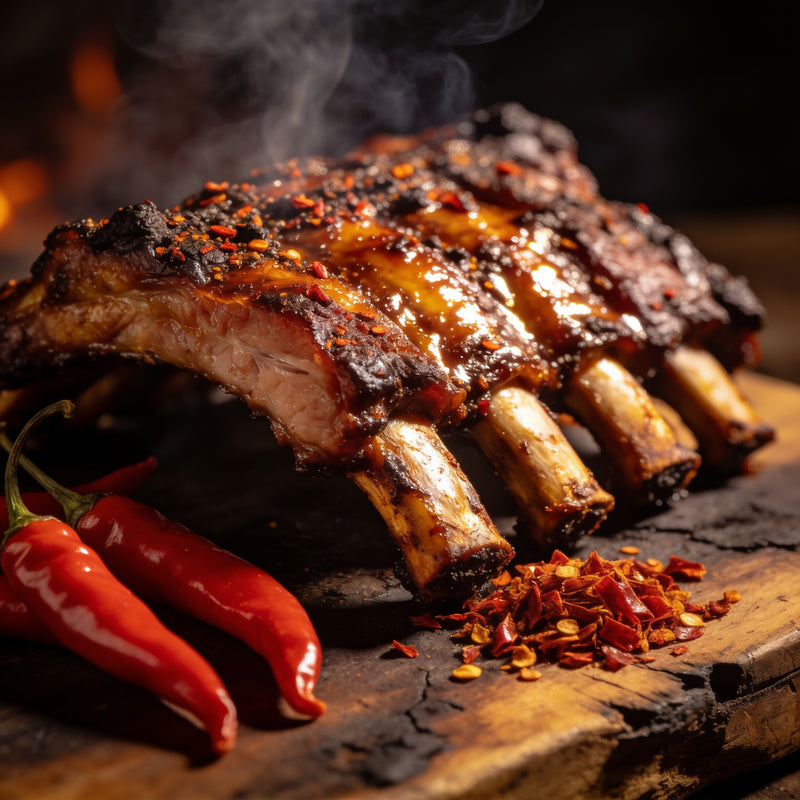 Chilli category — smoked pork ribs with a chilli-crusted bark and fresh red chillies lifestyle photo