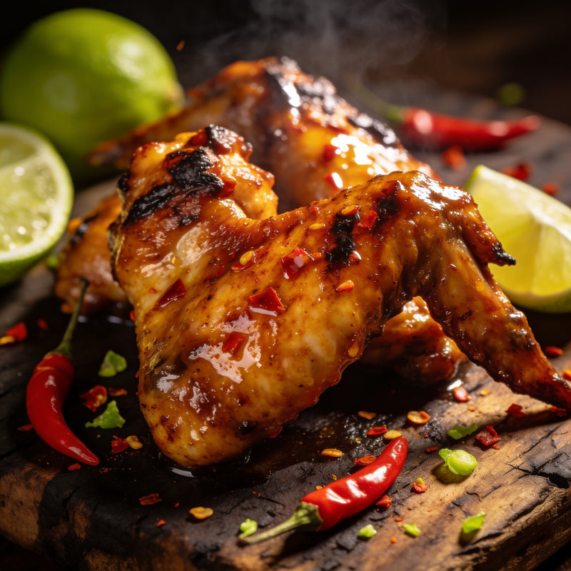 Chilli lime category — charred chicken wings glazed in chilli lime sauce with fresh limes and chillies lifestyle photo