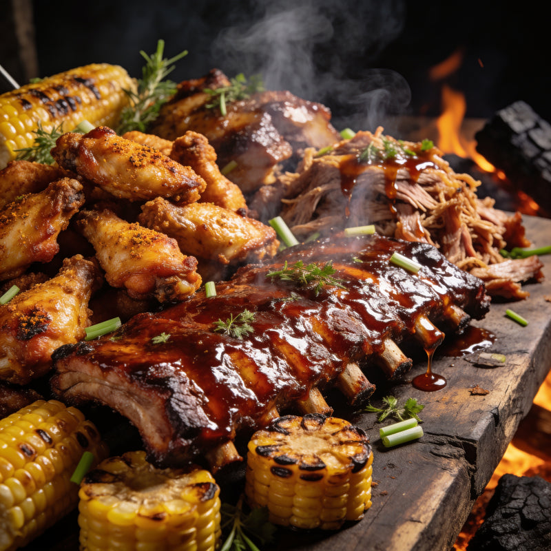An abundant backyard BBQ feast of glazed ribs, spiced wings, pulled pork and charred corn on a smoky timber board — the Rub Hub Clearance category lifestyle scene lifestyle photo
