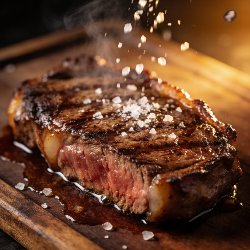 Flaky finishing salt scattering mid-fall onto a rested steak lifestyle photo