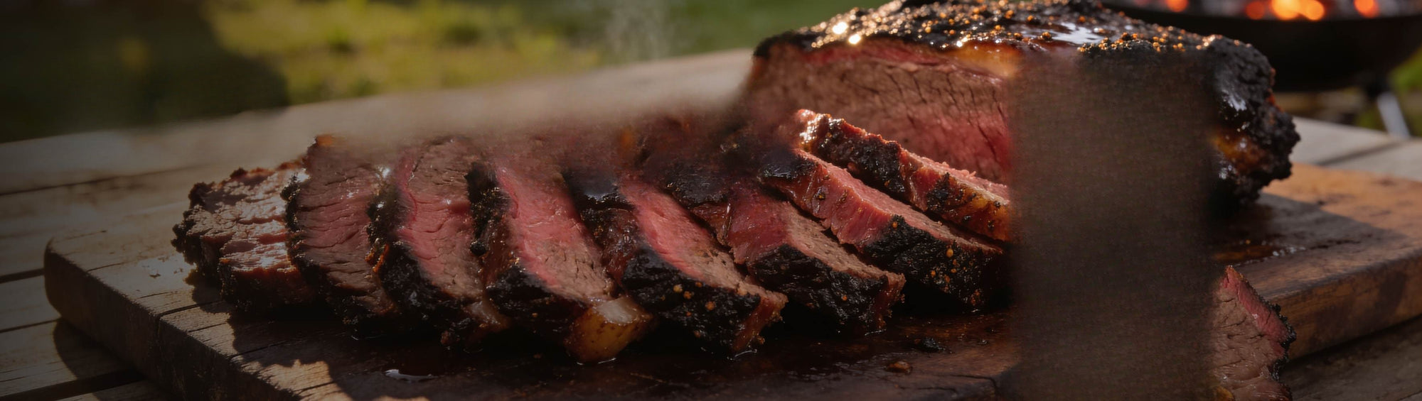 Four Monkeys BBQ Beef Rub 280g beside a peppery smoked beef brisket