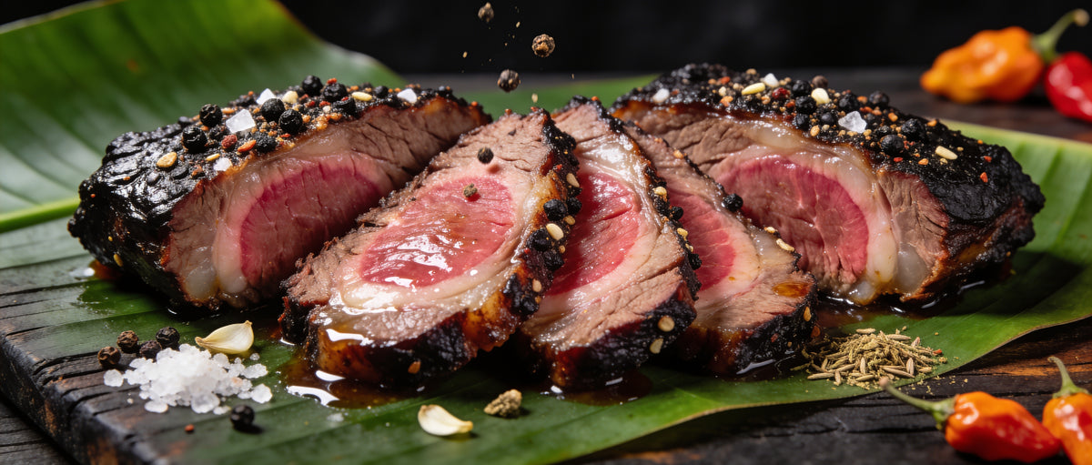 Four Monkeys BBQ Beef Rub peppery bark on juicy sliced smoked brisket