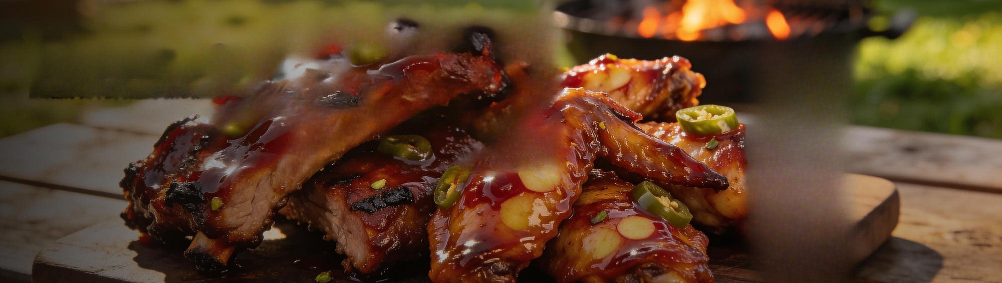 Four Monkeys BBQ Cherry Apple Jalapeno Rib Glaze beside glazed smoked pork ribs