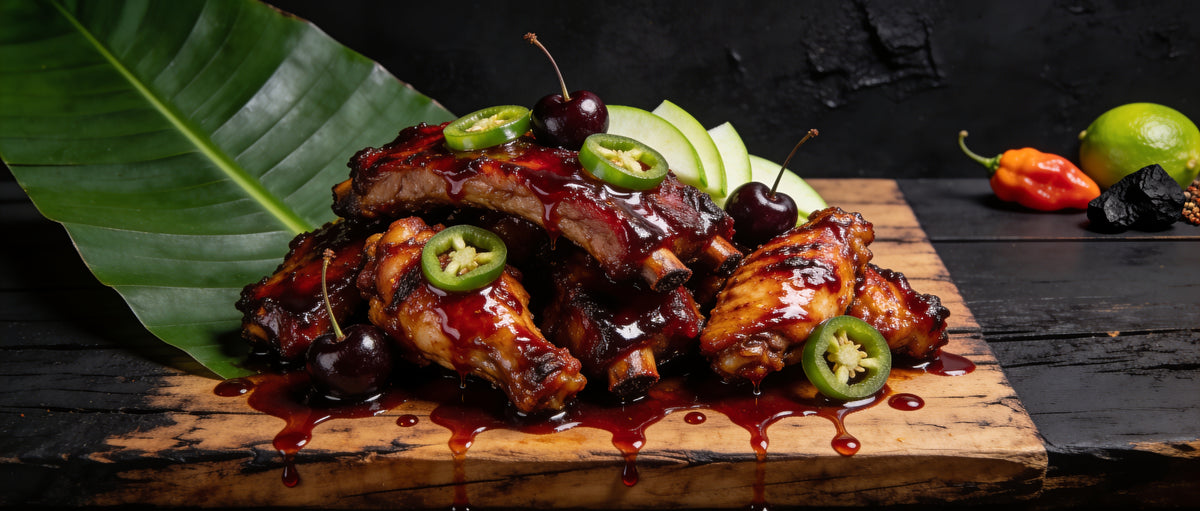 Four Monkeys BBQ Jungle Juice Cherry Apple Jalapeño glaze on sticky ribs and wings