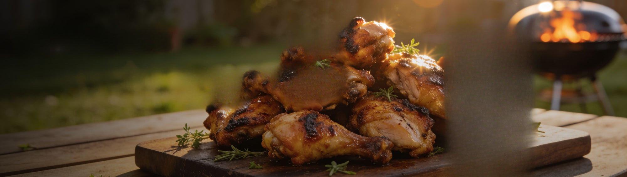 Four Monkeys BBQ Chicken Rub 260g beside golden smoked chicken wings