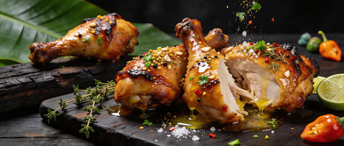 Four Monkeys BBQ Chicken Rub on glistening chargrilled chicken with garlic and herb seasoning