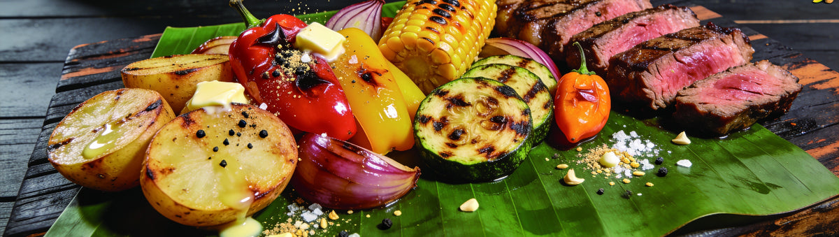 Four Monkeys BBQ Home Base Rub sprinkled over buttery chargrilled vegetables and sliced steak