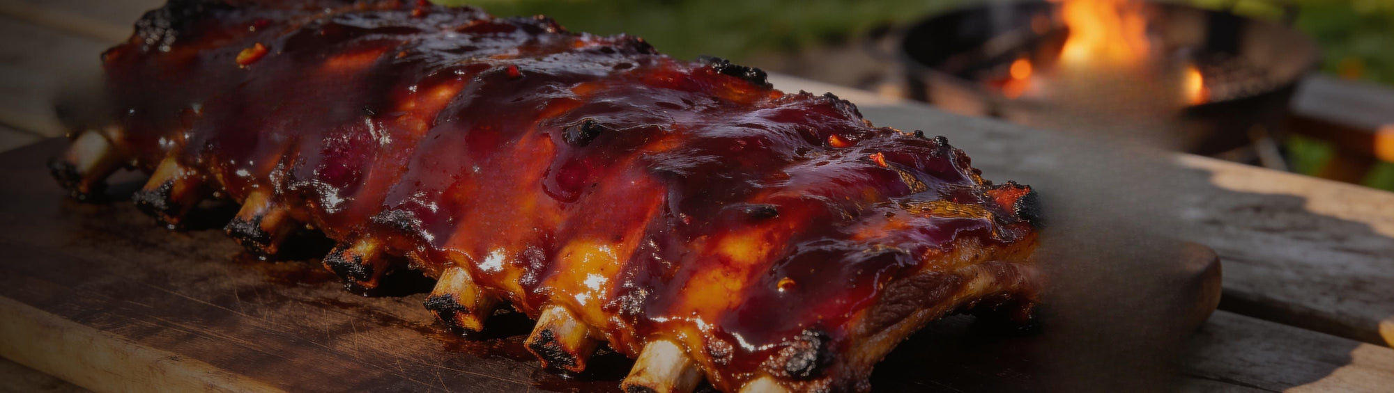 Four Monkeys BBQ Pomegranate Habanero Rib Glaze beside glazed smoked pork ribs