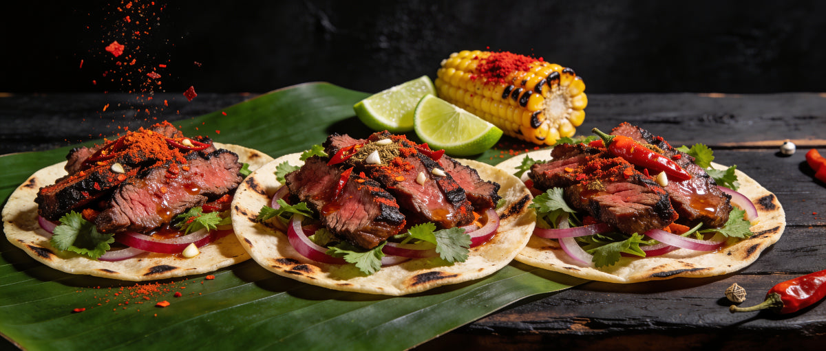 Four Monkeys BBQ Tex-Mex Rub on chargrilled steak tacos with lime and coriander