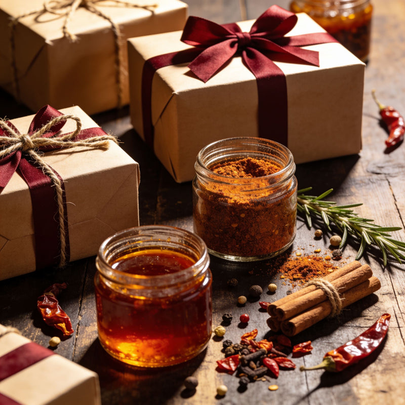 Gifting category — beautifully wrapped BBQ gift boxes with ribbon, gift jars of rub and honey, and warm spices on a rustic table lifestyle photo