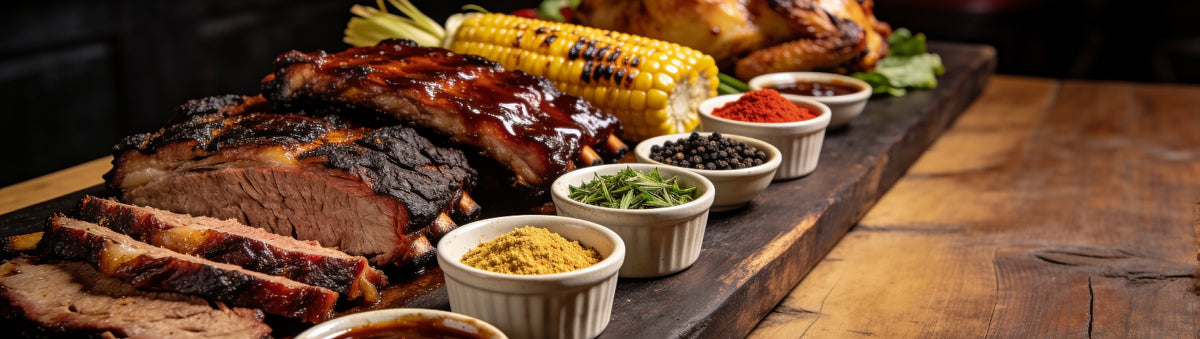 Premium barbecue feast of smoked brisket, sticky pork ribs, charred corn and dishes of BBQ spice rubs and sauces on a dark timber table