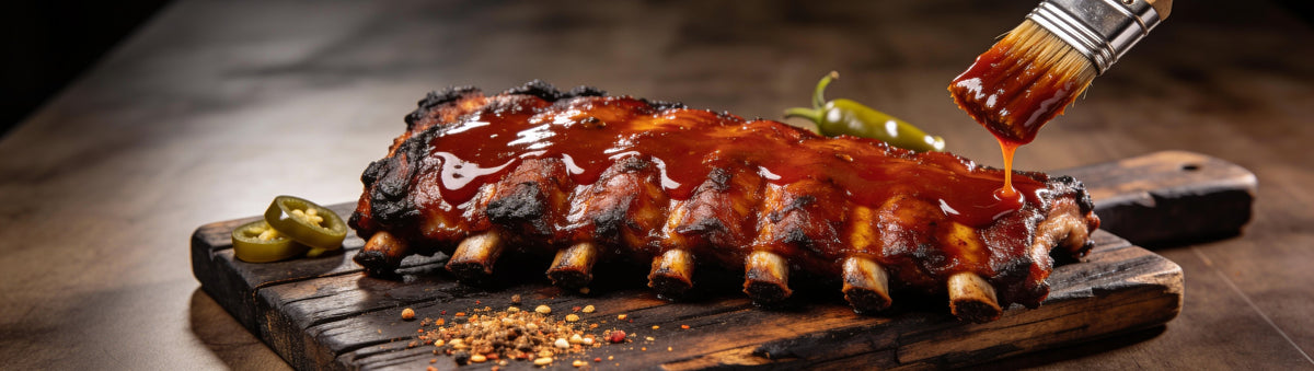 Sticky pork ribs being basted with glossy red BBQ sauce on a charred timber board