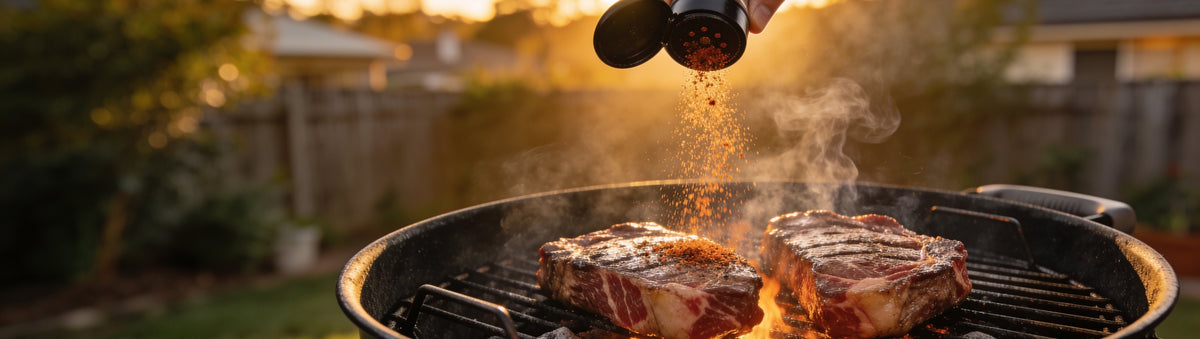 Best-selling BBQ rubs: dry rub shaken onto thick ribeye steaks sizzling on a charcoal grill in an Aussie backyard at golden hour