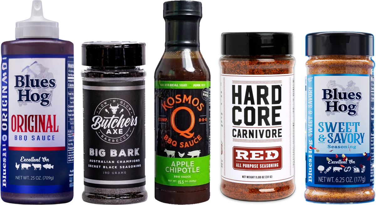Blues Hog, Butchers Axe, Kosmos Q and Hardcore Carnivore rubs and sauces
