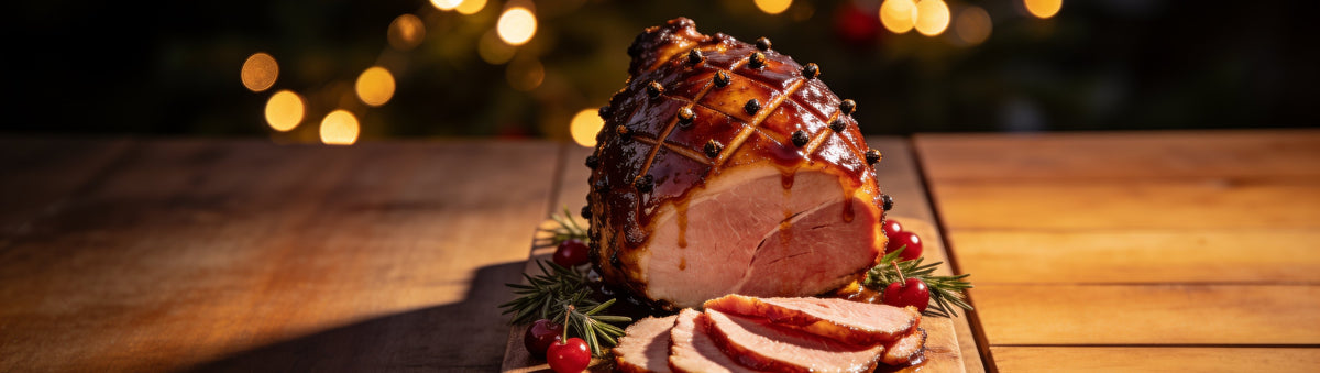 BBQ-glazed clove-studded Christmas ham sliced on a timber board with rosemary and cherries for an Australian Christmas barbecue