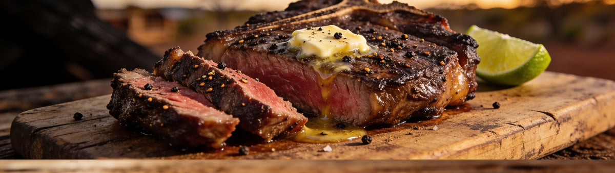Sliced espresso and pepper crusted ribeye steak with melting garlic butter and lime on a rustic outback table