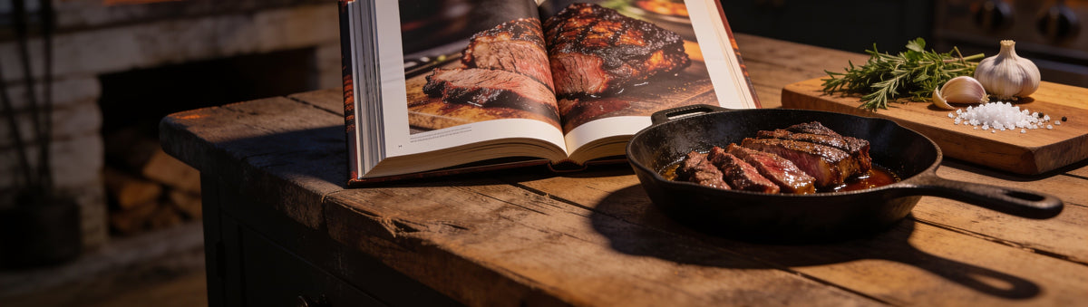 BBQ cookbooks: an open barbecue cookbook beside a cast-iron skillet of seared steak and a wood-fired oven