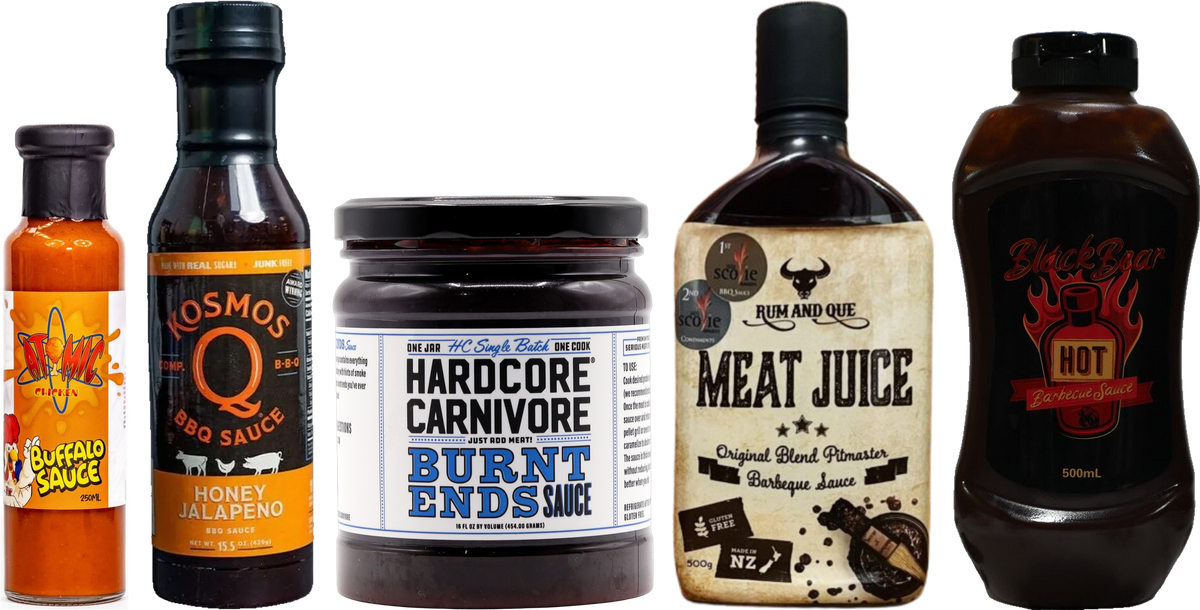 BBQ sauces and hot sauces from Atomic Chicken, Kosmos Q, Hardcore Carnivore, Rum and Que and Blackbear BBQ